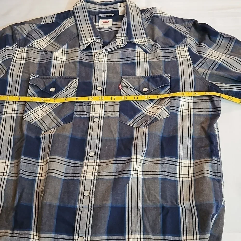 Levi's Men’s Blue Plaid Western Pearl Snap Shirt – Size Large